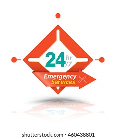 Arrow Square Emergency Services 24H Icon, Badge, Label or Sticker for Customer Service, Support or CRM Concept Isolated on White Background
