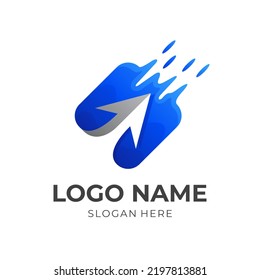 concepto de logotipo cuadrado de flecha, logotipo de combinación de agua, cuadrado y flecha con estilo de color azul 3d