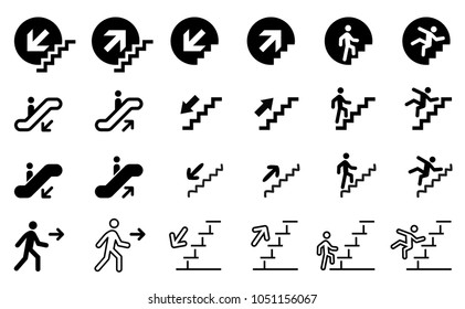 Arrow Stairs climbing walking Go down up Escalator Airport Elevator Emergency exit Man person running Foot Walks  icon vector sign steps Flame Fire Disaster Calamity Warning Caution slippery zone