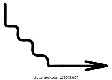 Arrow - stairs. Sketch. Steps leading down and to the right. Hand drawn vector illustration. Black direction indicator. Outline on isolated white background. Doodle style. Idea for web design.