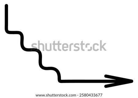 Arrow - stairs. Sketch. Steps leading down and to the right. Hand drawn vector illustration. Black direction indicator. Outline on isolated white background. Doodle style. Idea for web design.