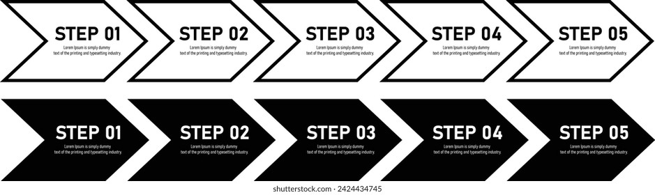 Arrow Step sign, icons. Step one, two, three, four and five. Sequence of steps. Plan by steps. Inforgraphic concept. Vector illustration