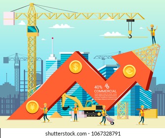 Arrow Stock Trade Graph Of Housing Cost. Construction New Building In City. Vector Illsustration Of Cartoon Worker Characters. Commercial Property