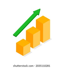 Up arrow stocks graph. Money profit. Financial growth concept with stack of gold coins. Business success, investment income, capital gains, benefits. Vector illustration isolated on white background.