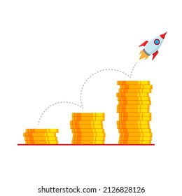 Up arrow stocks graph. Money profit. Financial growth concept with stack of gold coins and rocket launch. Business success, investment income, capital gains, benefits. Vector illustration isolated.