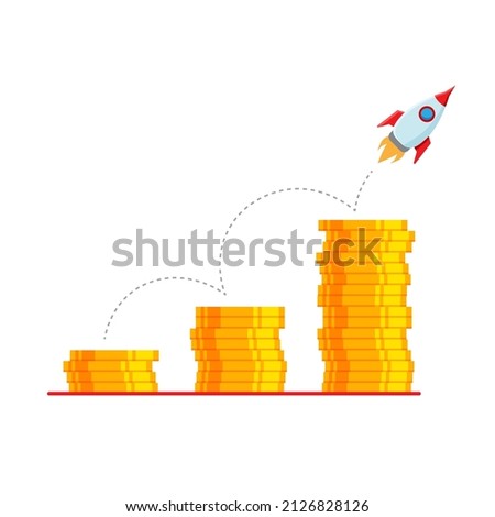 Up arrow stocks graph. Money profit. Financial growth concept with stack of gold coins and rocket launch. Business success, investment income, capital gains, benefits. Vector illustration isolated.