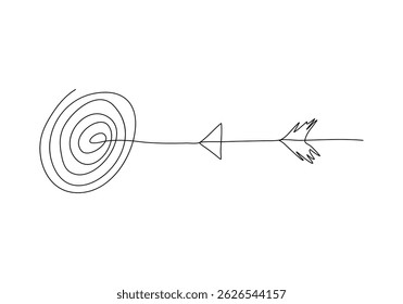 Arrow strikes the target. One line drawing vector illustration.
