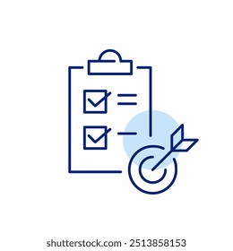 Arrow striking bullseye on target. Checked tasks on checkmark. Focused task management, goal oriented planning. Pixel perfect, editable stroke icon