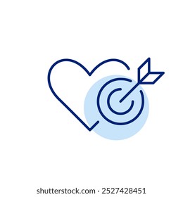 Arrow striking target in heart. Romantic love success, finding partner, dating app match. Pixel perfect vector icon