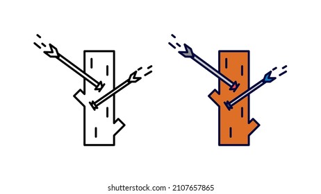 Arrow stuck on tree icon set. Arrow stick flying through the air special collection linear icon set. Download creative war encounter related vector. Warrior tree and bow instruments. white background.