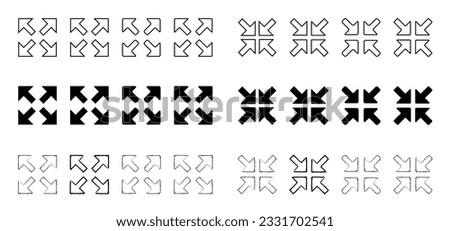 Arrow symbol. Fullscreen or expand to full screen for web and mobile app. Full screen and exit full screen. Four arrow pointing to different directions. Center point direction. 4 arrows icon. 