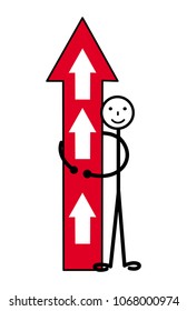 The arrow is a symbol of growth and development. A cartoon man hugs a big arrow pointing up. Vector graphics.