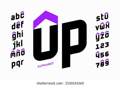 Up arrow symbol modern font design, alphabet letters and numbers vector illustration