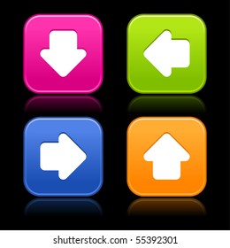 Arrow symbol on web 2.0 internet buttons. Colored satin rounded shapes with reflection on black background