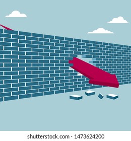 Arrow symbol and wall. Isolated on blue background.