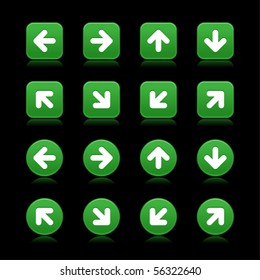 Arrow symbol web 2.0 internet buttons. Green smooth square and round shapes with reflections and shadows on black background