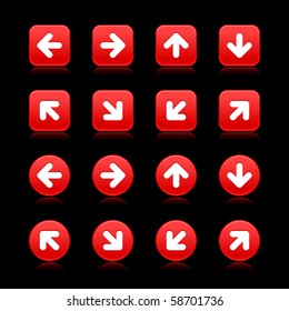 Arrow symbol web 2.0 internet buttons. Red smooth square and round shapes with reflections on black background