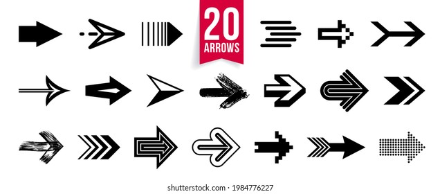Arrow symbols big set of different shapes styles and concepts, cursors for icons or logo creation, single color monochrome logotypes.