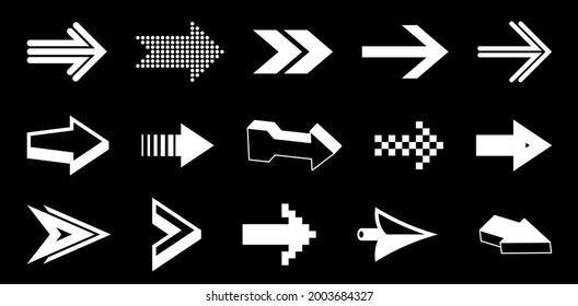 Los símbolos de flecha son un gran conjunto de estilos y conceptos de diferentes formas, cursores para la creación de iconos o logotipos, logotipos monocromos de un solo color.