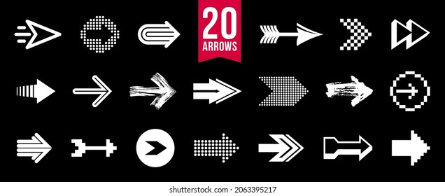 Arrow symbols big set of different shapes styles and concepts, cursors for icons or logo creation, single color monochrome logotypes.