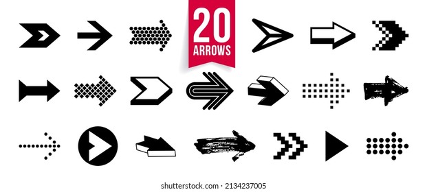 Arrow symbols big set of different shapes styles and concepts, cursors for icons or logo creation, single color monochrome logotypes.