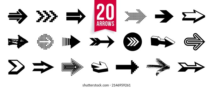 Arrow symbols big set of different shapes styles and concepts, cursors for icons or logo creation, single color monochrome logotypes.