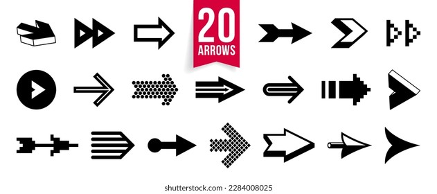 Arrow symbols big set of different shapes styles and concepts, cursors for icons or logo creation, single color monochrome logotypes.