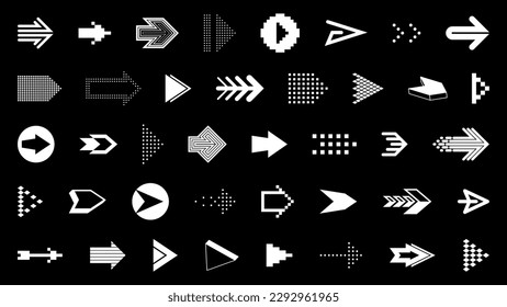 Arrow symbols big set of different shapes styles and concepts, cursors for icons or logo creation, single color monochrome logotypes.