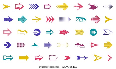 Arrow symbols big set of different shapes styles and concepts, cursors for icons or logo creation, single color monochrome logotypes.