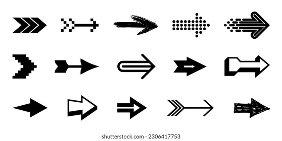 Arrow symbols big set of different shapes styles and concepts, cursors for icons or logo creation, single color monochrome logotypes.