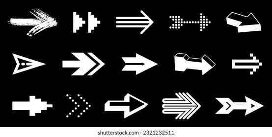Los símbolos de flecha son un gran conjunto de estilos y conceptos de diferentes formas, cursores para la creación de iconos o logotipos, logotipos monocromos de un solo color.