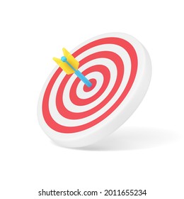 Arrow target 3d icon. Circular disc with red stripes and blue dart in center. Achievement in marketing and business. Accurate hit in shooting with lucrative contract. Realistic isolated vector