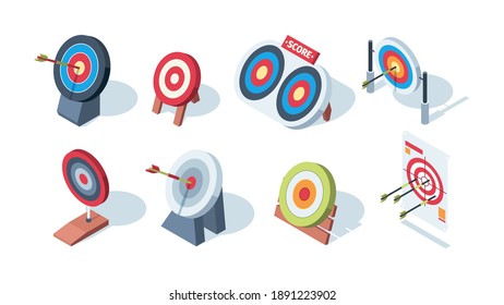 Arrow target. Archery goals game performance dartboards garish vector isometric pictures
