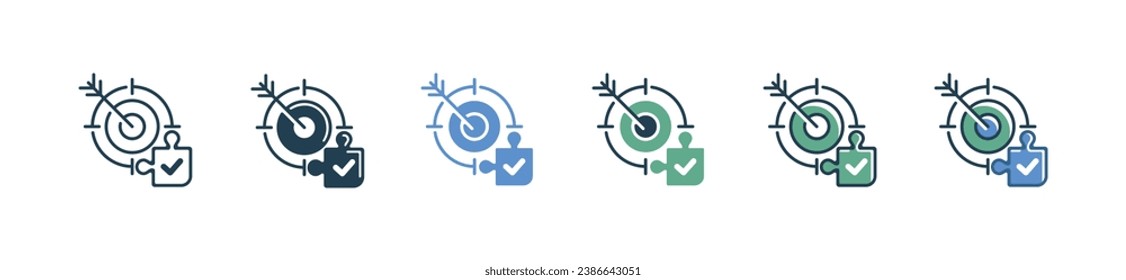 arrow target business solution with jigsaw puzzle piece innovation idea checkmark icon vector company success objective dart goal approved work symbol illustration