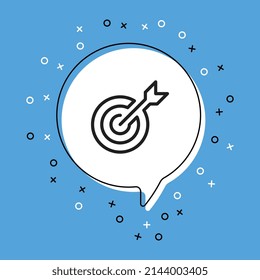 Arrow in target icon in white speech bubble with decorative elements on a blue background. Modern graphic announcement with thin line symbol. Vector illustration EPS 10