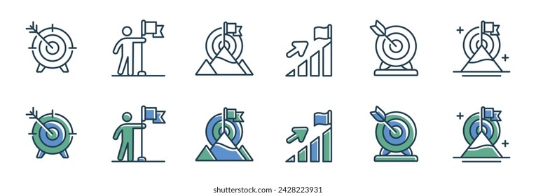 arrow target mission mountain peak goal icon set business objective competitive challenge with arrow and mountains symbol vector illustration for web and app