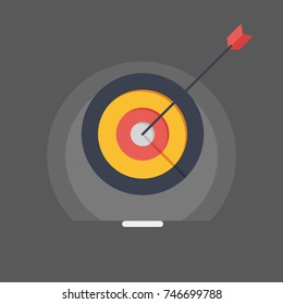 Arrow in target, successful task vetor concept, flat illustration isolated on dark gray background