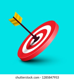 Arrow in Target. Vector Dart in Red Bullseye Illustration on Blue Background.Dartboard Symbol. Marketing Success Icon.