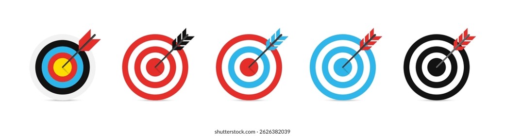 Seta no conjunto de ilustrações do vetor de destino. Coleção de símbolos de ocorrências de alvo.