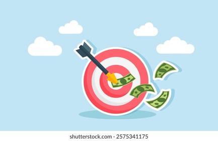 An arrow targets money until it sticks to a target board, illustration of targeting an increased financial condition