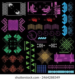 arrow techwear for cyberpunk scifi gaming fabric textile seamless pattern sticker template with collection set, 2d vector illustration rendering