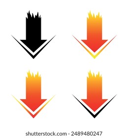 Una flecha que arde como una llama. Apuntando hacia abajo. Descarga o reducción de Precio, descuento.