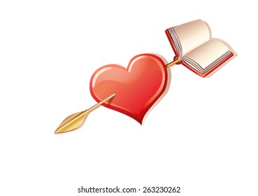 an arrow that ends with a book pierces a heart symbol