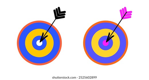 Arrow that hits target exactly in middle of round dart board. Successful implementation of set goal, achievement of result, successful deal without miss, hitting bull's eye. Vector illustration.