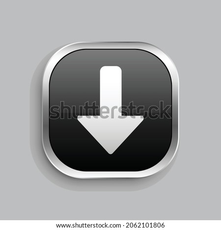 arrow thick down icon design. Glossy Button style rounded rectangle isolated on gray background.. Vector illustration