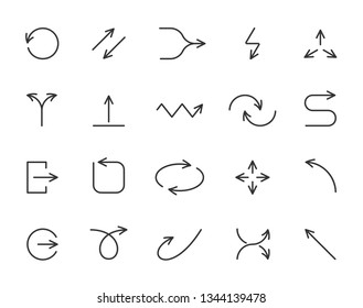 Arrow thin line icon set. Outline sign kit of pointer. Linear curved arrows collection includes four side direction, rotate, reload, upload, undo. Simple black symbol on white. Vector Illustration