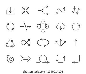 Arrow thin line icon set. Outline sign kit of pointer. Linear curved arrows collection includes up down, forward way, previous next. Simple black contour symbol isolated on white. Vector Illustration