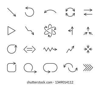 Arrow thin line icon set. Outline sign kit of pointer. Linear curved arrows collection includes undo, redo, previous, next, reload. Simple signpost black symbol isolated on white. Vector Illustration