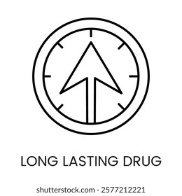 An arrow through clock icon in vector, symbolizing sustained drug efficacy over time, with an editable stroke.