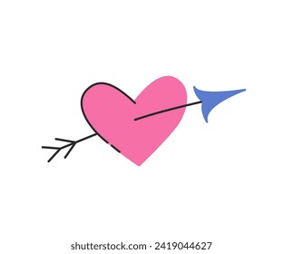 Arrow through heart flat vector illustration. Lovestruck. Doodle icon symbol. Valentines Day concept. Cute illustration for stickers, cards design, tags, clipart. Groovy